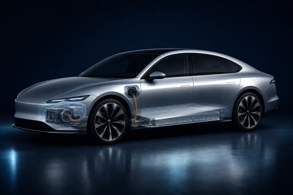 Elektroauto mit dezent hervorgehobenen Bereichen für Batterie, Ladeanschluss und Antrieb